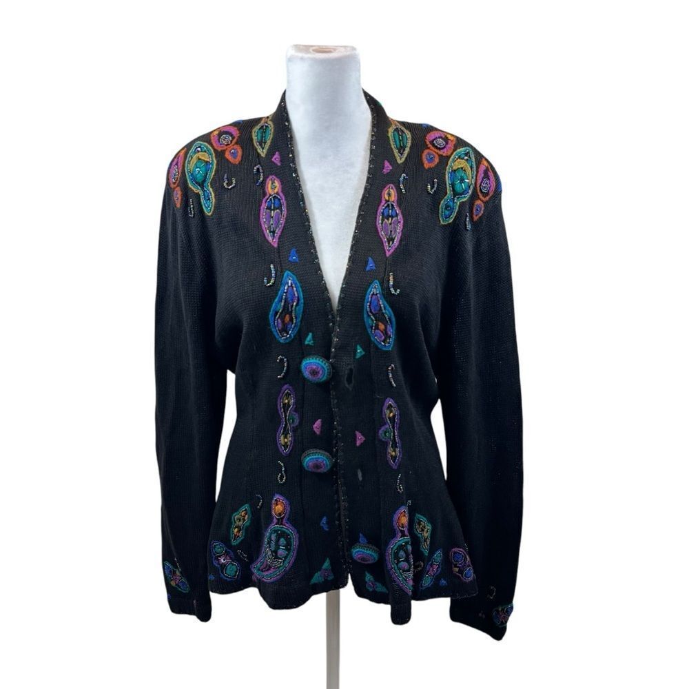 Ladies Vintage 80’s Rafia Embroidered Bead Covered Button Front Cardigan‎ Medium